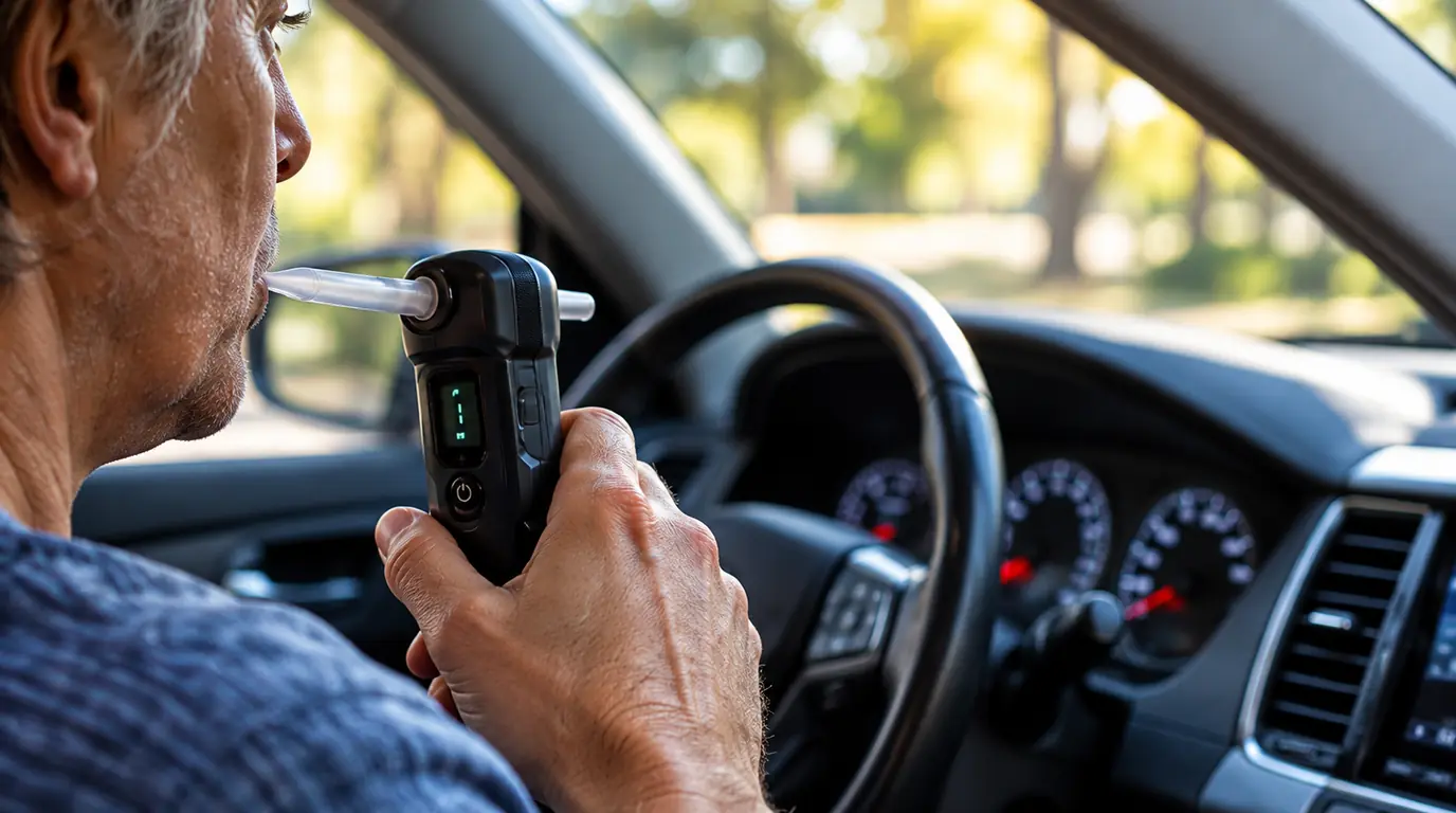 A driver blowing into an ignition interlock handset before starting the car