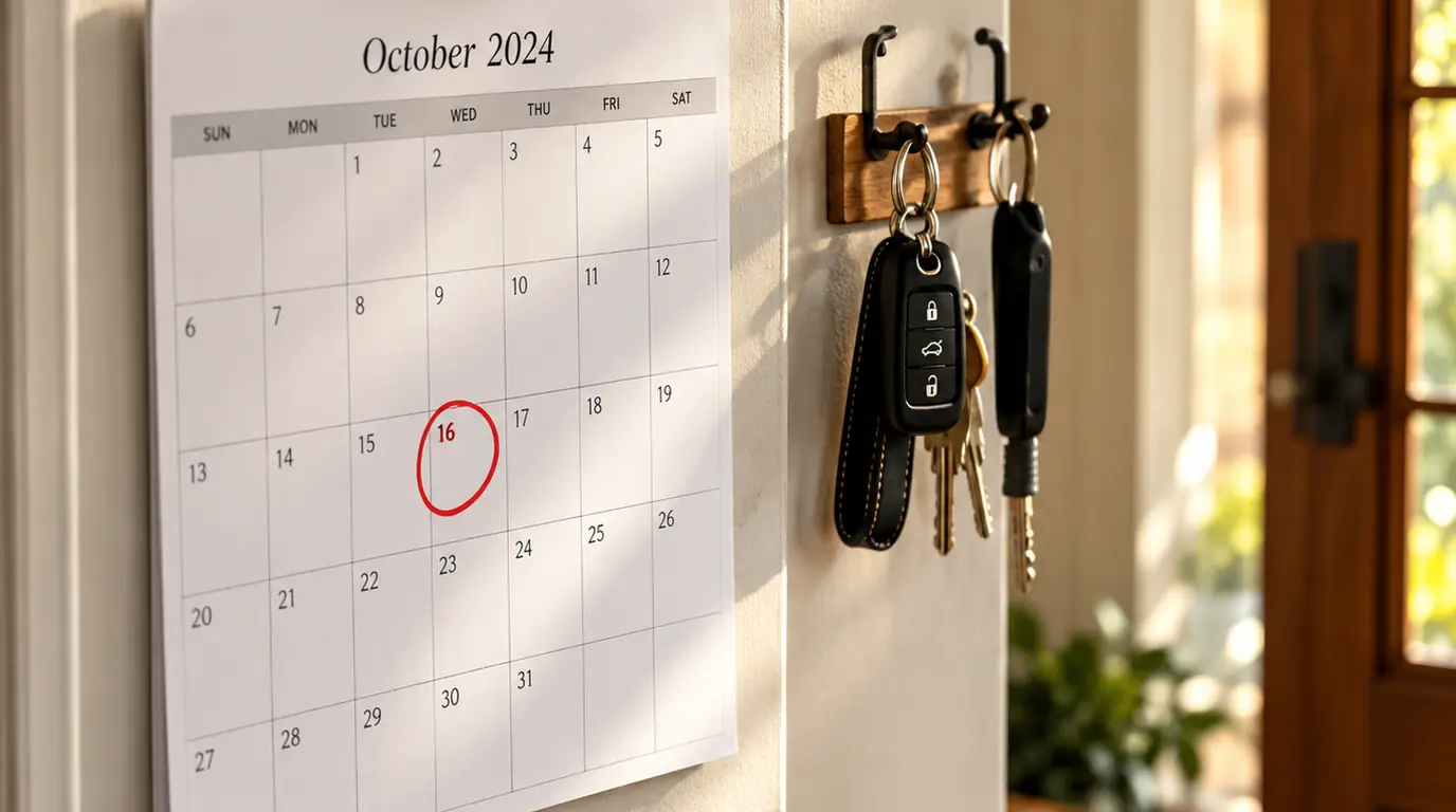 A wall calendar with one date circled beside car keys on a hook