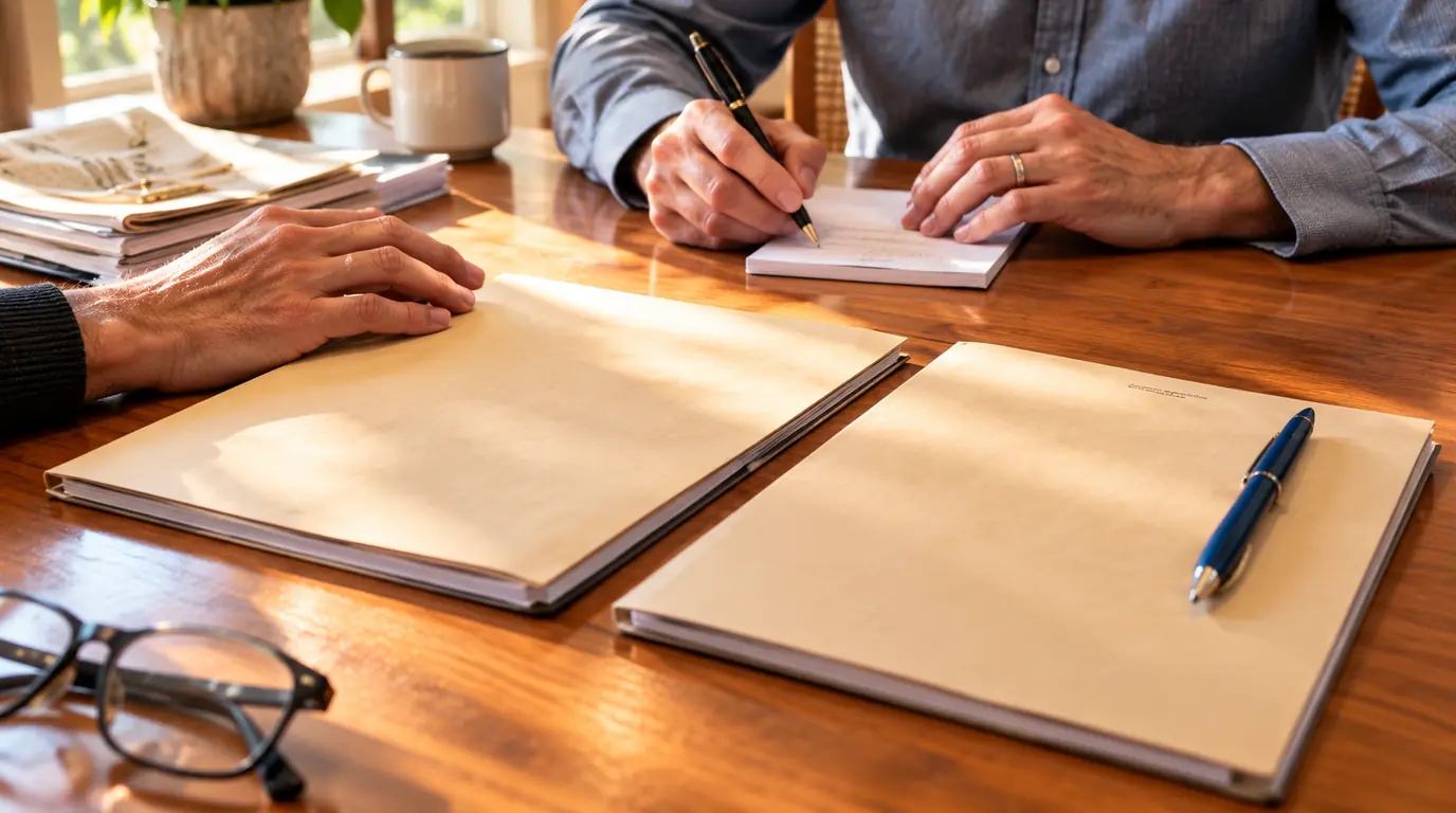 Two document folders on a dining table while a couple reviews their plan