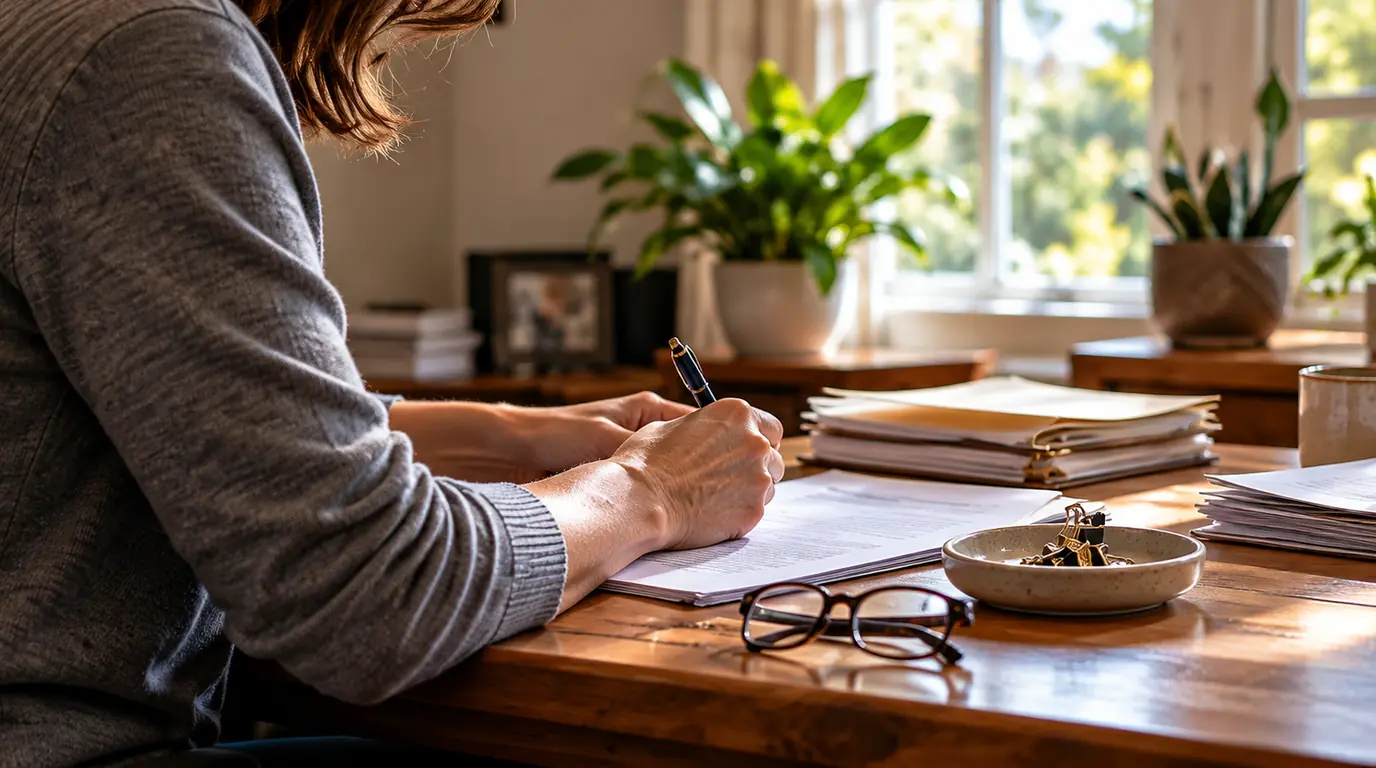 A person updating paperwork at a home desk, a ring set aside in a small dish
