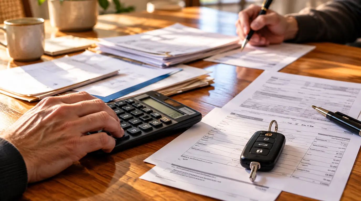 Hands working through bills with a calculator and a car key on the table