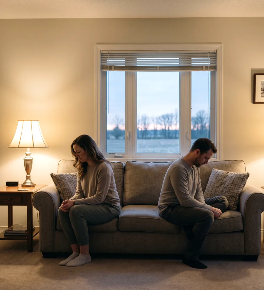 A couple sitting apart on a sofa at dusk, the situation behind an Illinois divorce