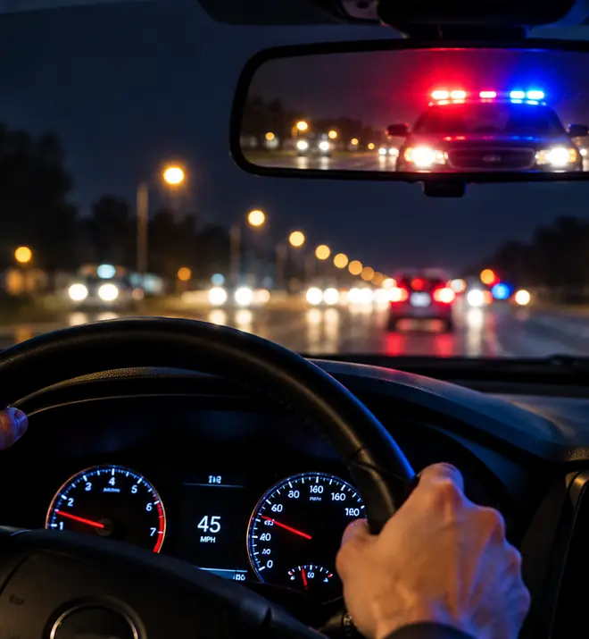 A driver at the wheel at night with patrol lights in the rear-view mirror