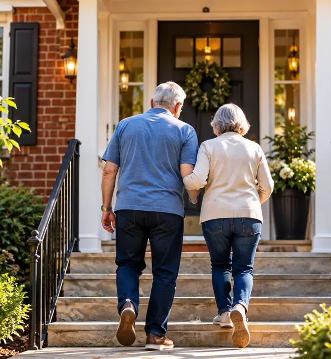 An older couple walking up the front steps of their brick home