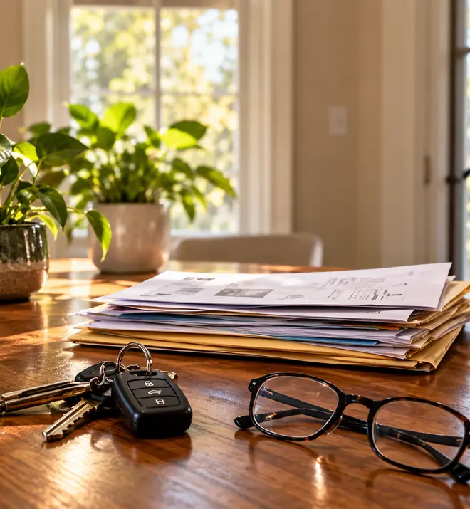 Keys, reading glasses and a stack of papers on a hallway table