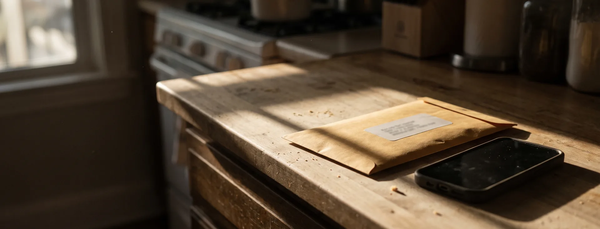 An unopened envelope and a phone face down on a kitchen counter