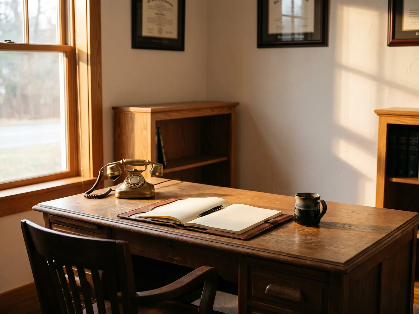 A desk with a telephone and an open notepad beside a window in a small law office