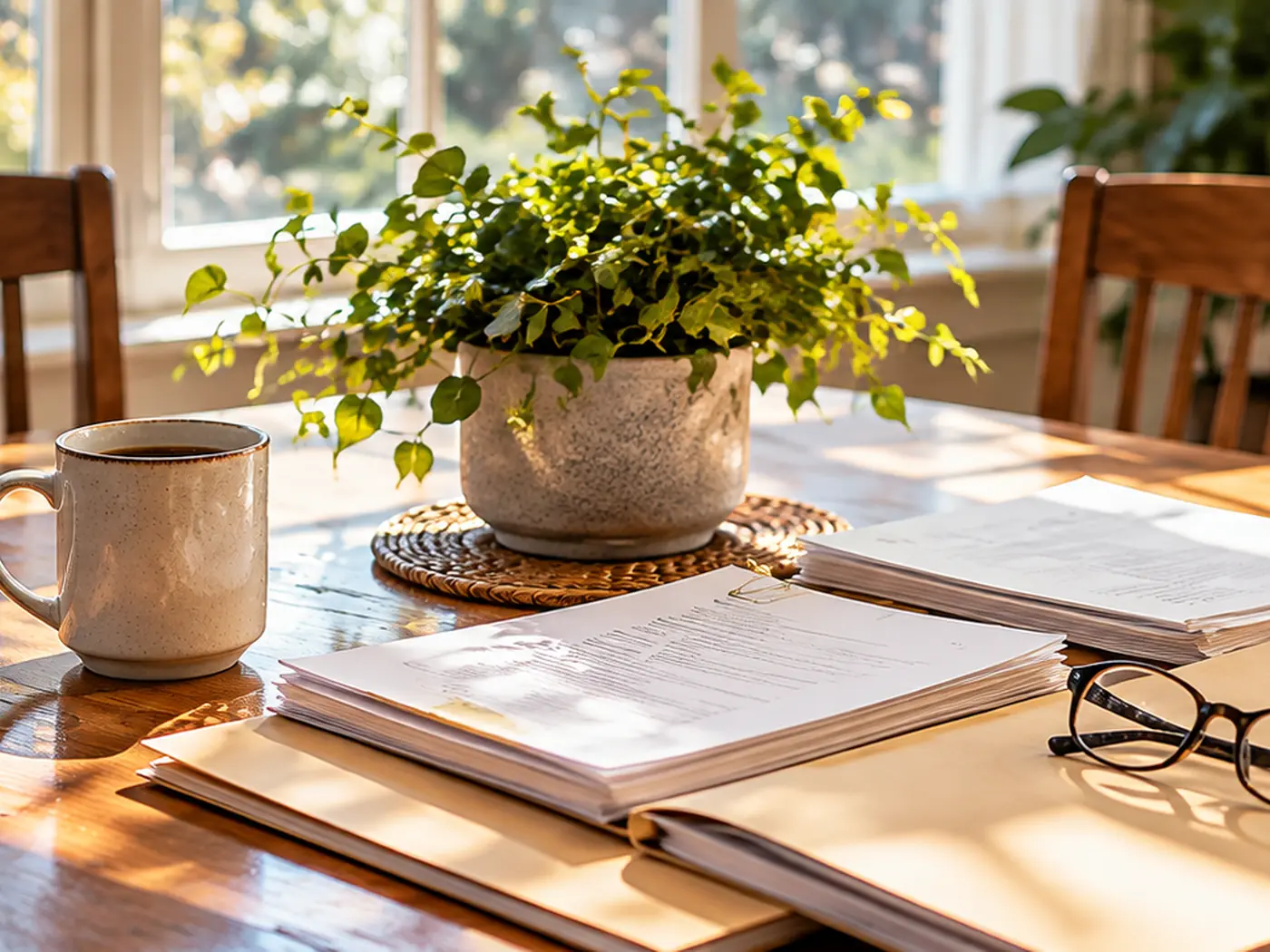 A kitchen table with an open folder, reading glasses and two mugs after a planning conversation