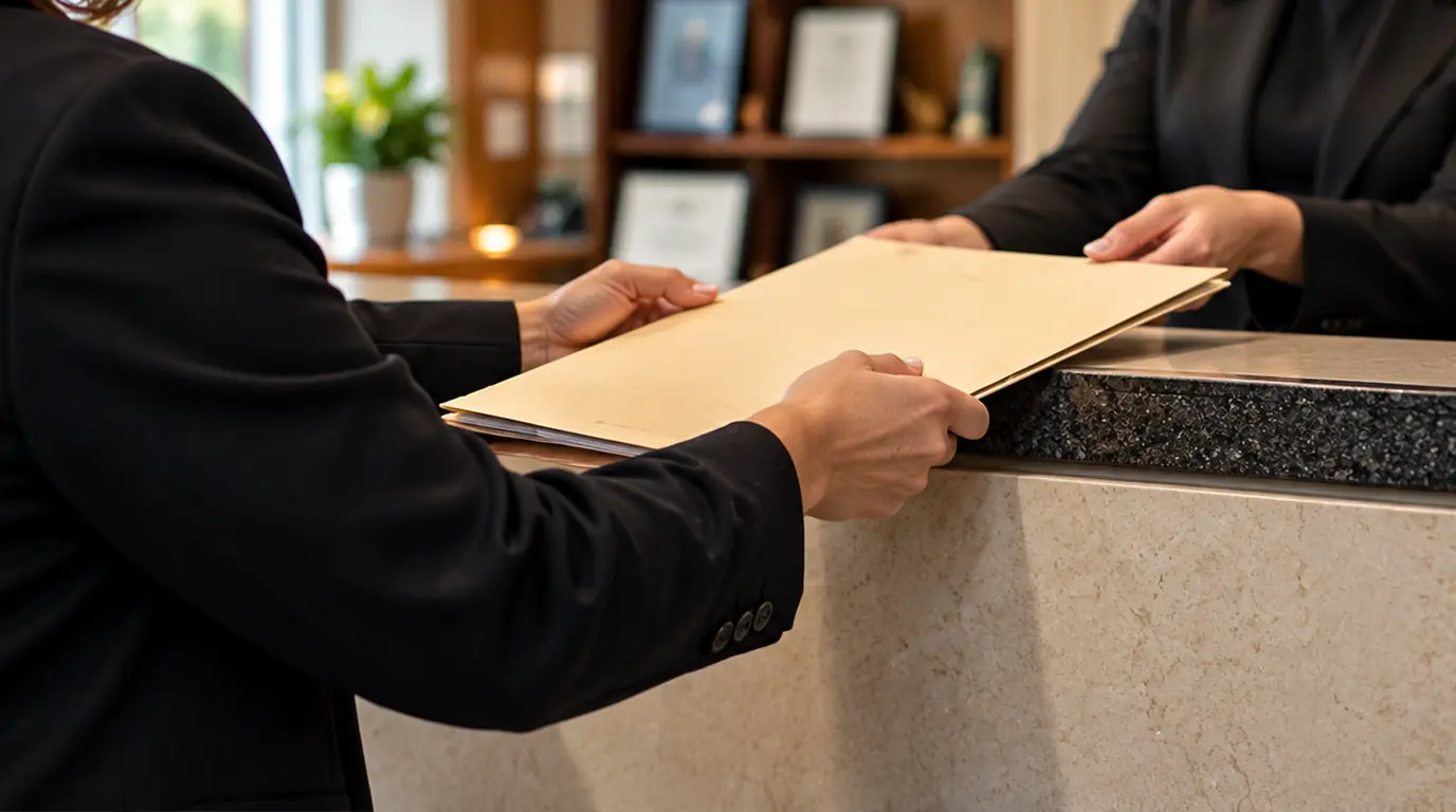 A folder of papers handed across a bank counter